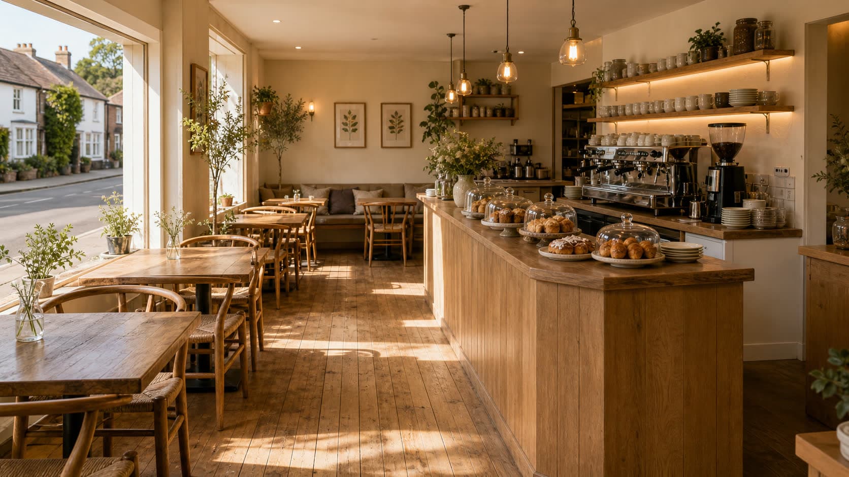 Sennick interior in warm late-morning light. Wooden counter, pastries under glass domes and the front window onto Angmering high street.